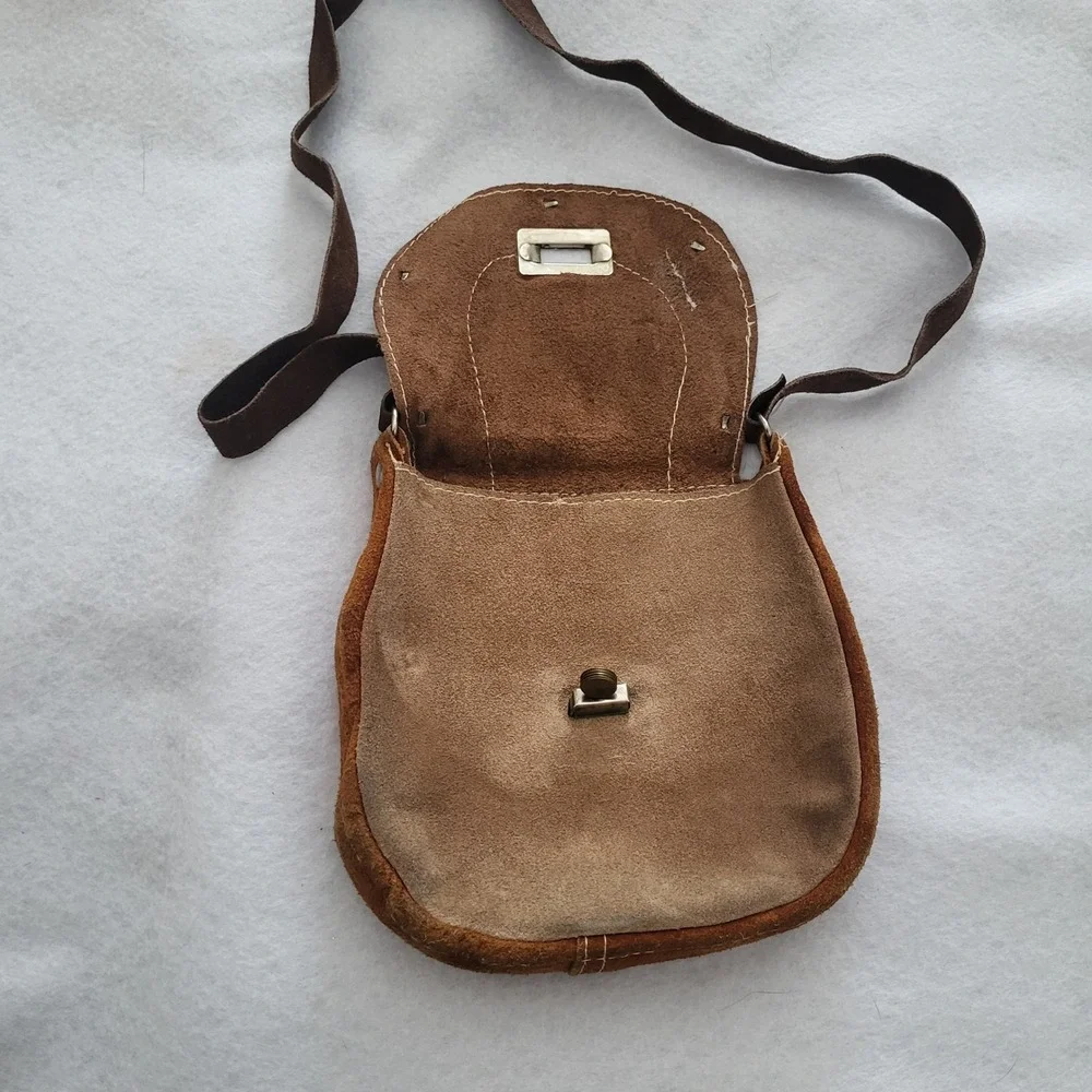 Vintage Brown Leather Hand Crafted Purse Bag Mini Hippie Retro‎ Hobo